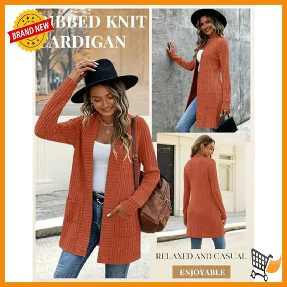 Long Ribbed Cardigan Sweater with Patch Pockets Lightweight Loose Fit - Picture 3 of 8